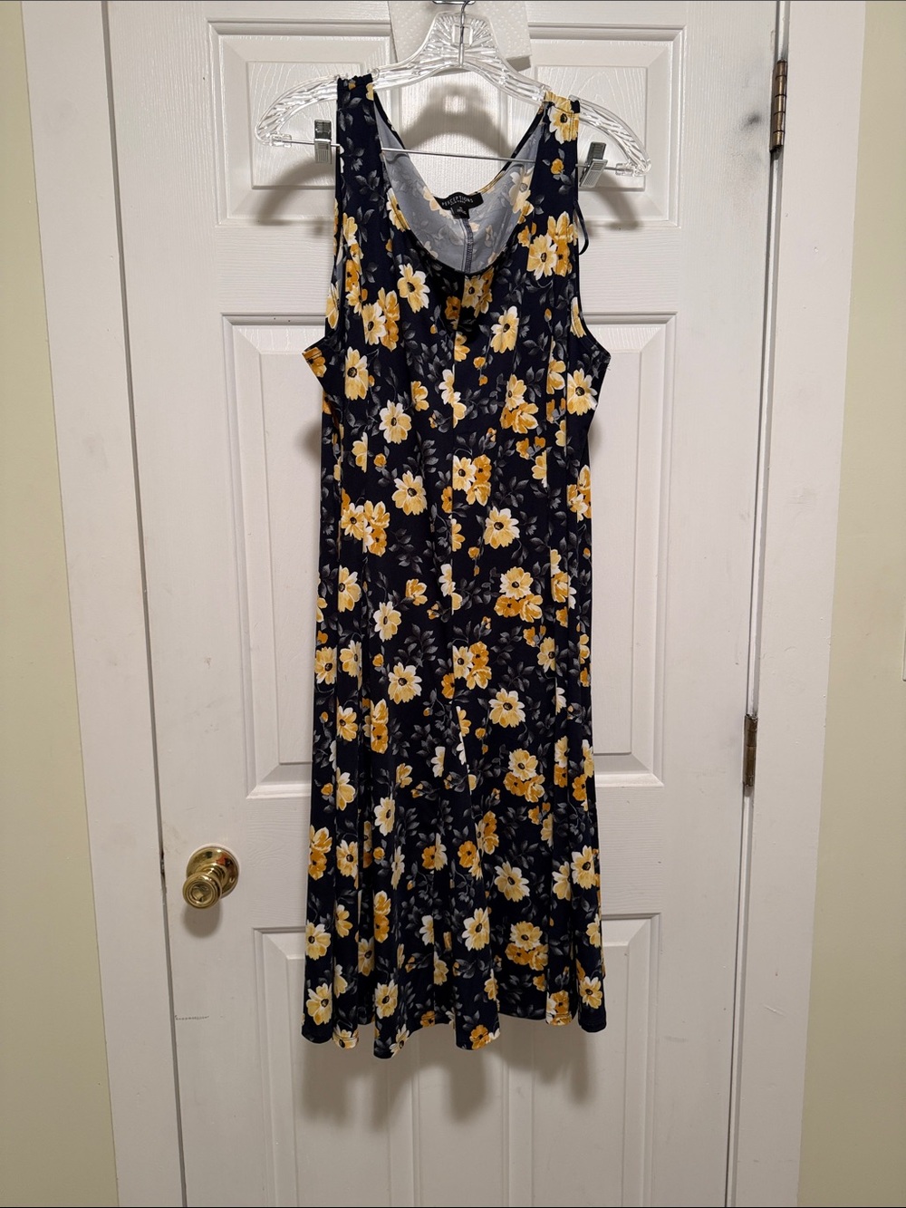 Perceptions Navy Sleeveless Midi Dress with Yellow Floral Print
